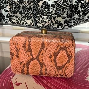 Atmosphere dusty rose pink snake print mini purse / clutch, rusty copper details